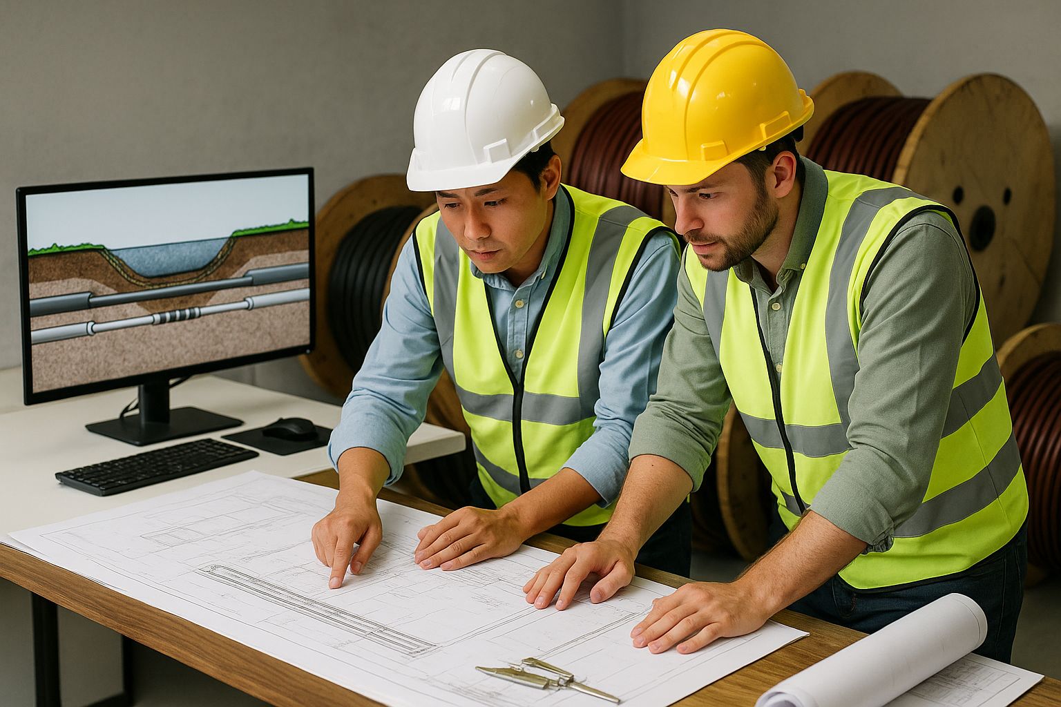 Men talking in front of Komatsu equipment