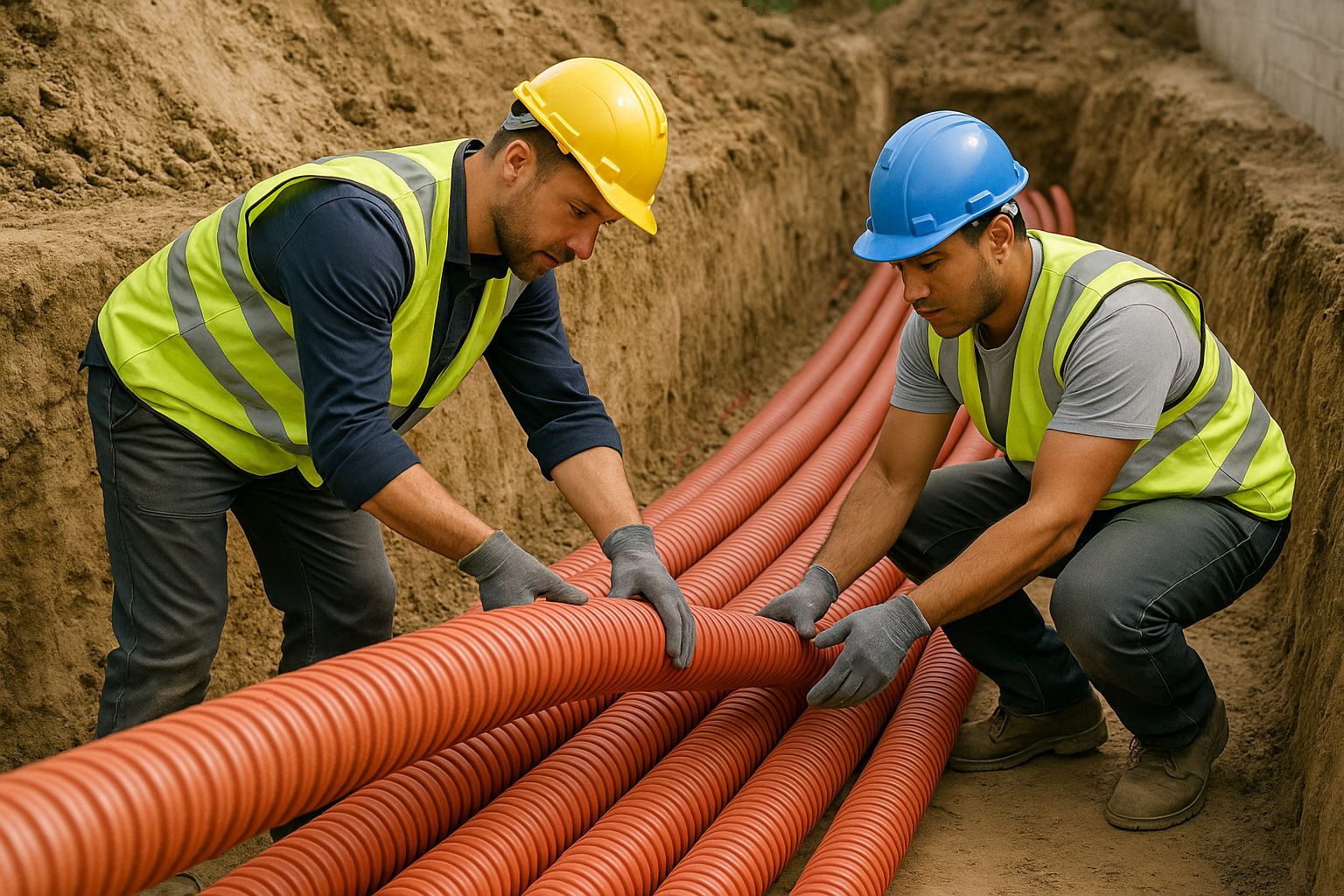 Underground cable installation crew trenching and pulling cable