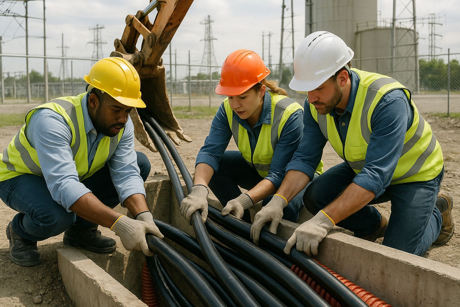 Emergency repair team fixing underground cable fault