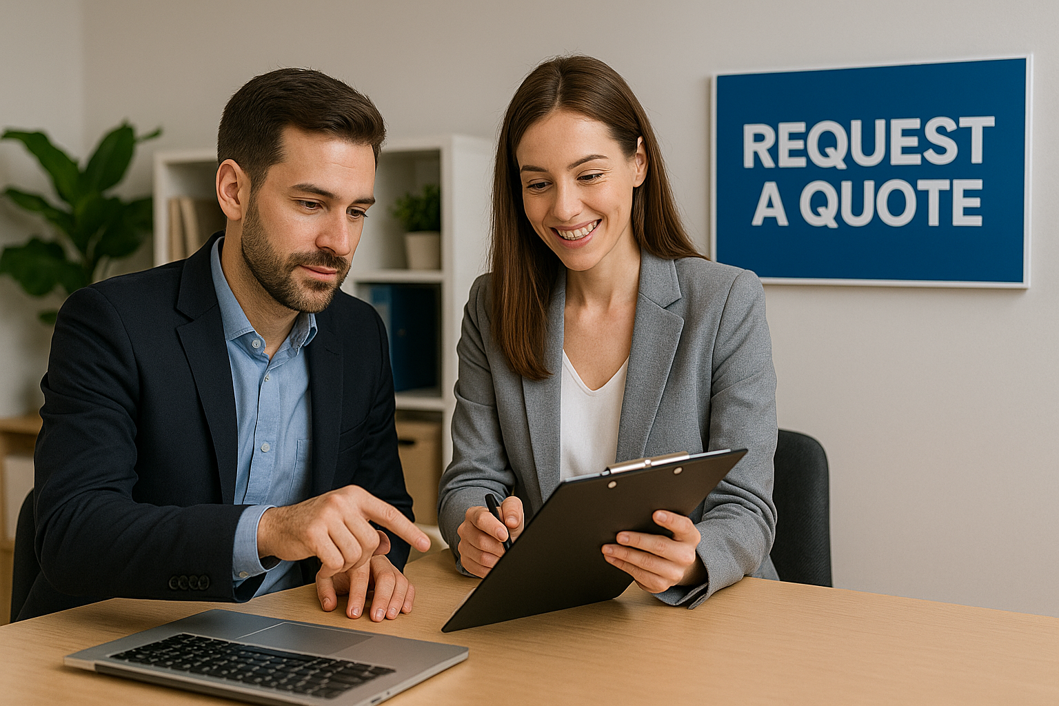 Workers looking at a laptop